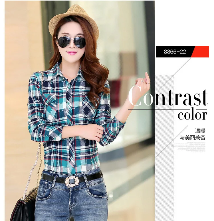 Blusa xadrez de flanela feminina, camisa casual
