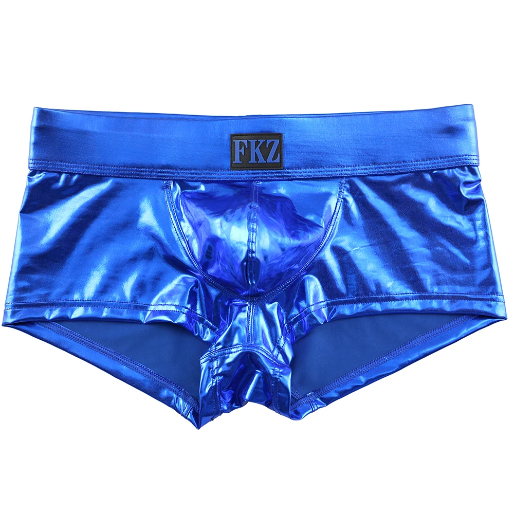 Men Boxer Shorts Sexy Male Low Rise PU Leather U Bulge Underwear Gay Party Club Boxers Shorts Bikini Underpants Cueca - Цвет: Blue