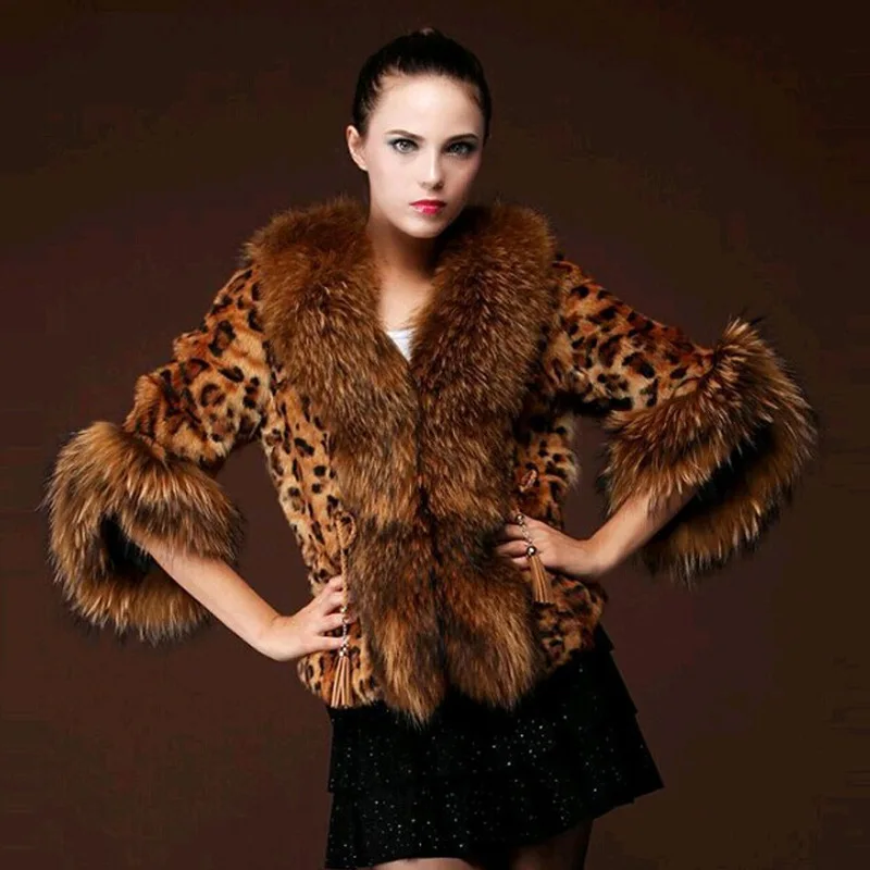 Winter Soft Leopard Raccoon Fashion Luxurious Print Leather Jacket Women Faux Fur Cardigan Dignified Elegant Loose Coat Rabbit