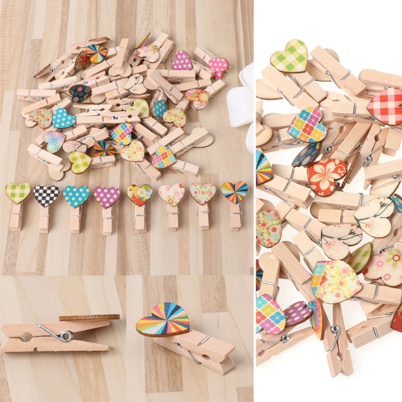 

50Pcs Heart Mini Wooden Craft Clips Clothes Card Photo Paper Peg Pin Clothespin