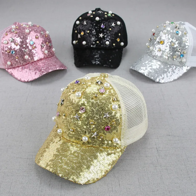 

Mommy & Me Lovely Kids Baseball Cap Snapback Hats For Girls Baby Pearl Bow Sequin Mesh Children Summer Mesh Cap Sun Visor Bone