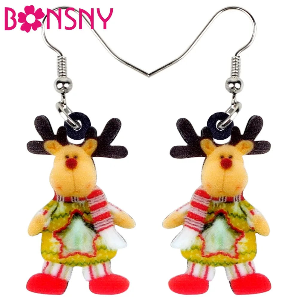 

Bonsny Acrylic Christmas Deer Elk Toy Gift Earrings Drop Dangle Cartoon Xmas Ornaments Jewelry For Women Girls Decoration Party