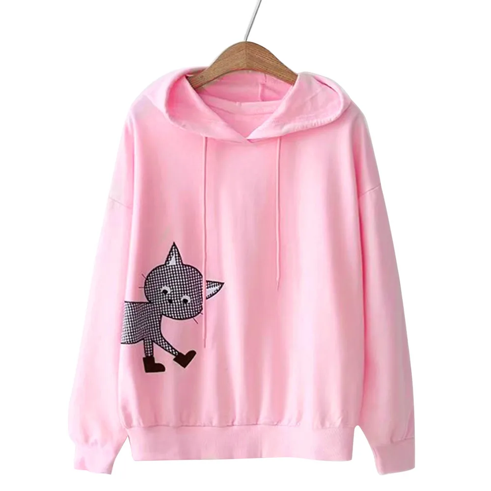 Cute Cat Print Sweatshirt Women Autumn Oversized Hoodie Pullovers Tops
