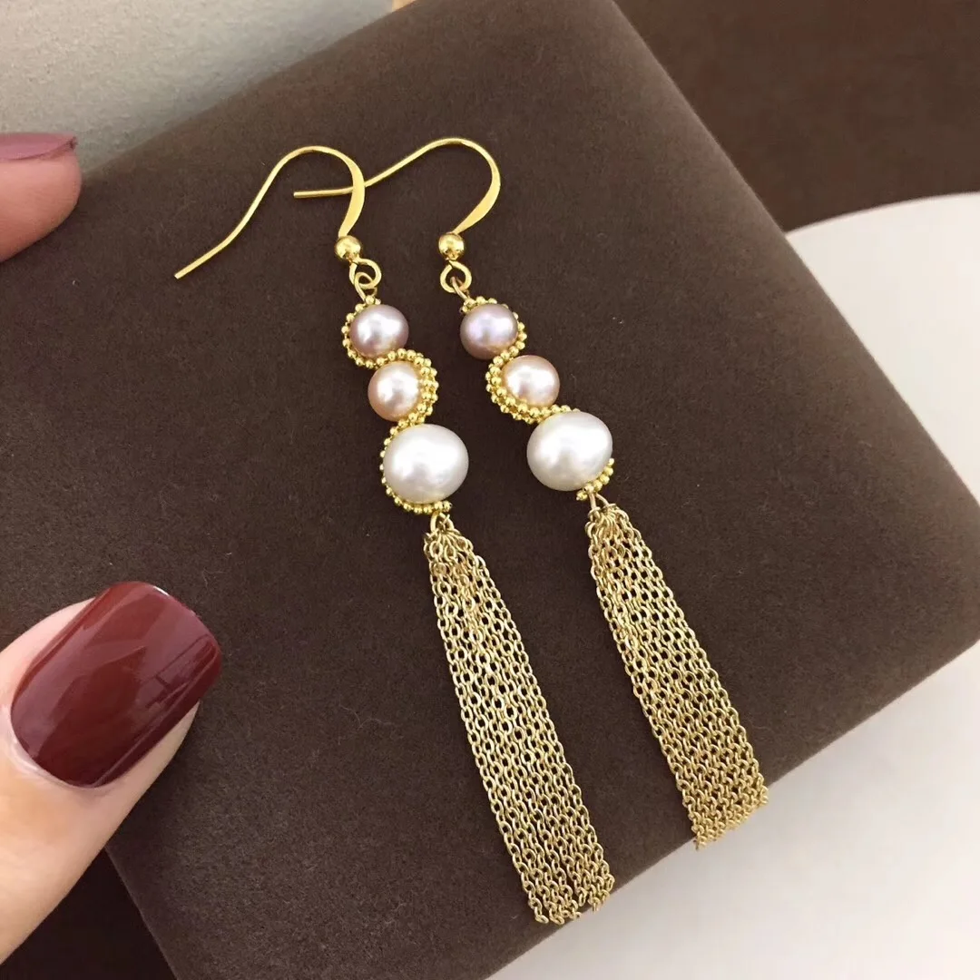 

Yuaner 14K gold color tassel drop earrings gentle and touching 4-8mm natural pearl earrings YEAW