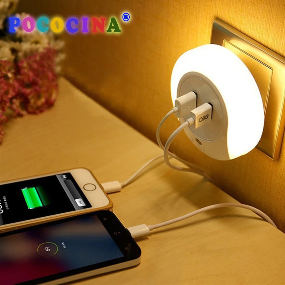 

Round Auto Light Sensor LED Night Light With 2 USB Charging Socket Warm White Night Light EU US Plug Charger For Phone Tablet