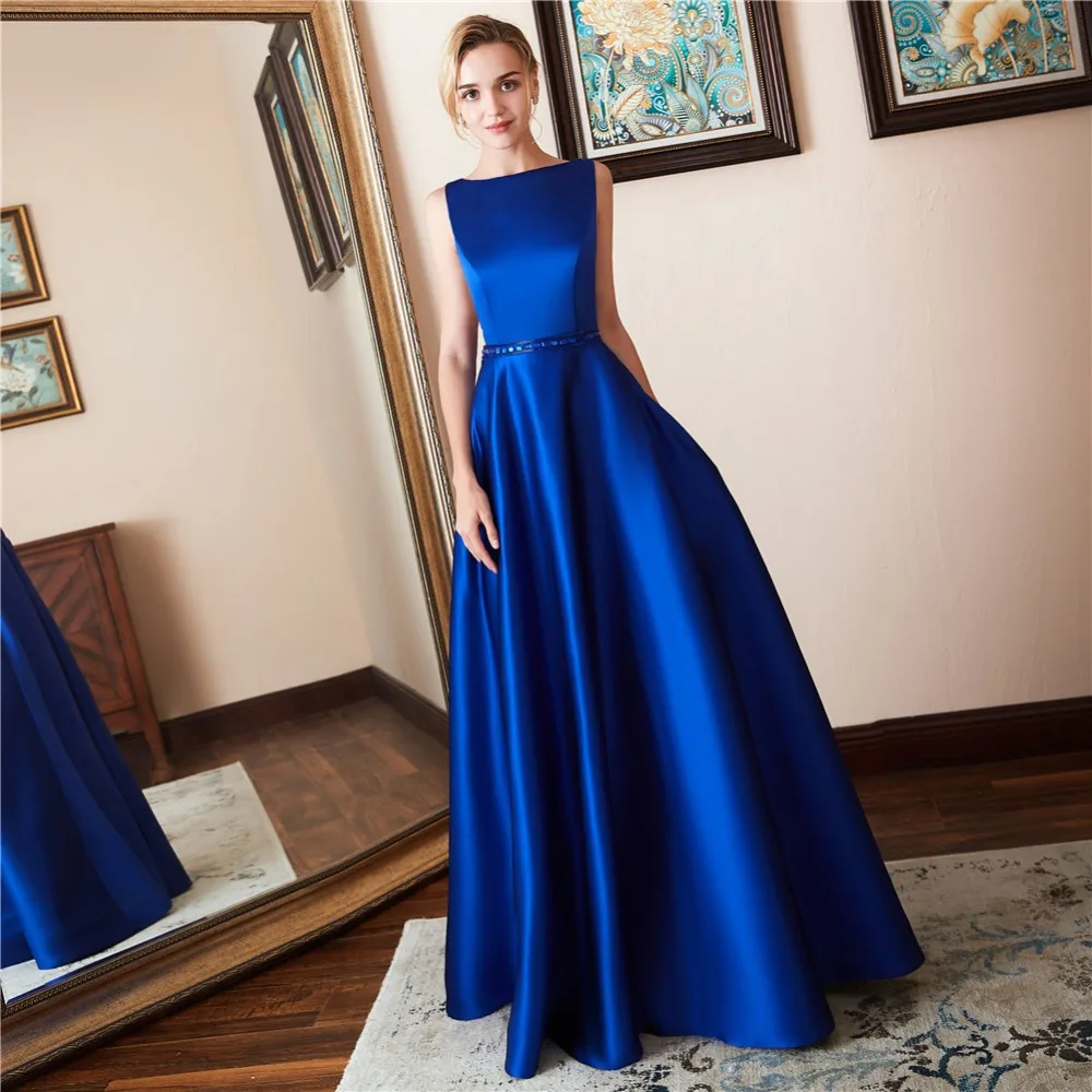 

Holievery Beaded Scoop Neck Satin Long Evening Dresses 2019 Floor Length Prom Gowns Backless Party Dress