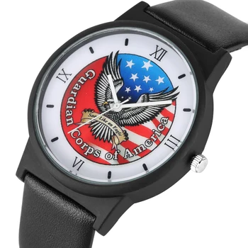 

Mens Unique American Flag with Eagle Pattern Dial Watch Charming Quartz Analog Watches Soft Black PU Leather Band Kids Boy Watch