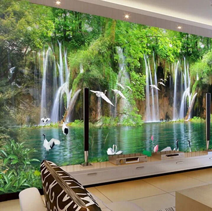 Wholesale 3d wall mural wallpaper with many cranes under waterfall for
