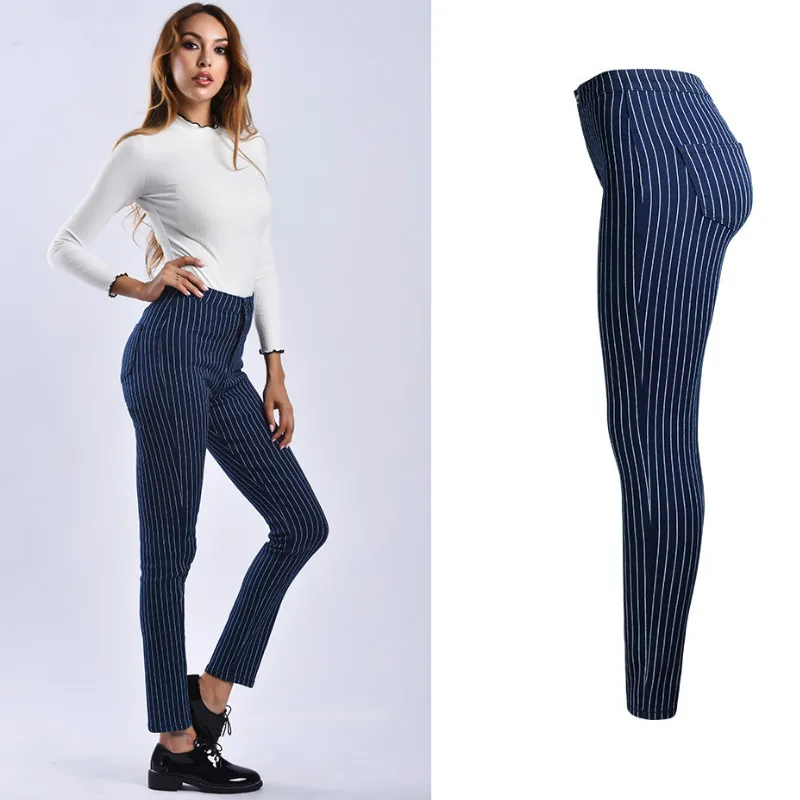 2019 Spring Stripe High Waist Jean Women Blue Elasticity Skinny Denim Pant Office Lady England Vaqueros Mujer Fashionnova Woman