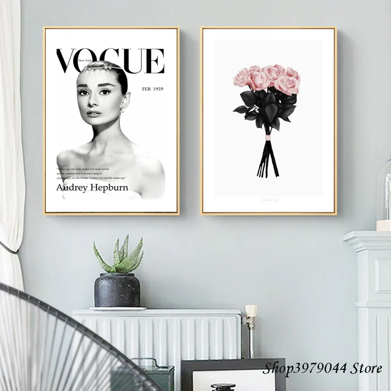 

Audrey Hepburn Wall Art Canvas Painting Pink Flower Poster Nordic Style Decoracao Para Casa Quadro Wall Pictures Unframed
