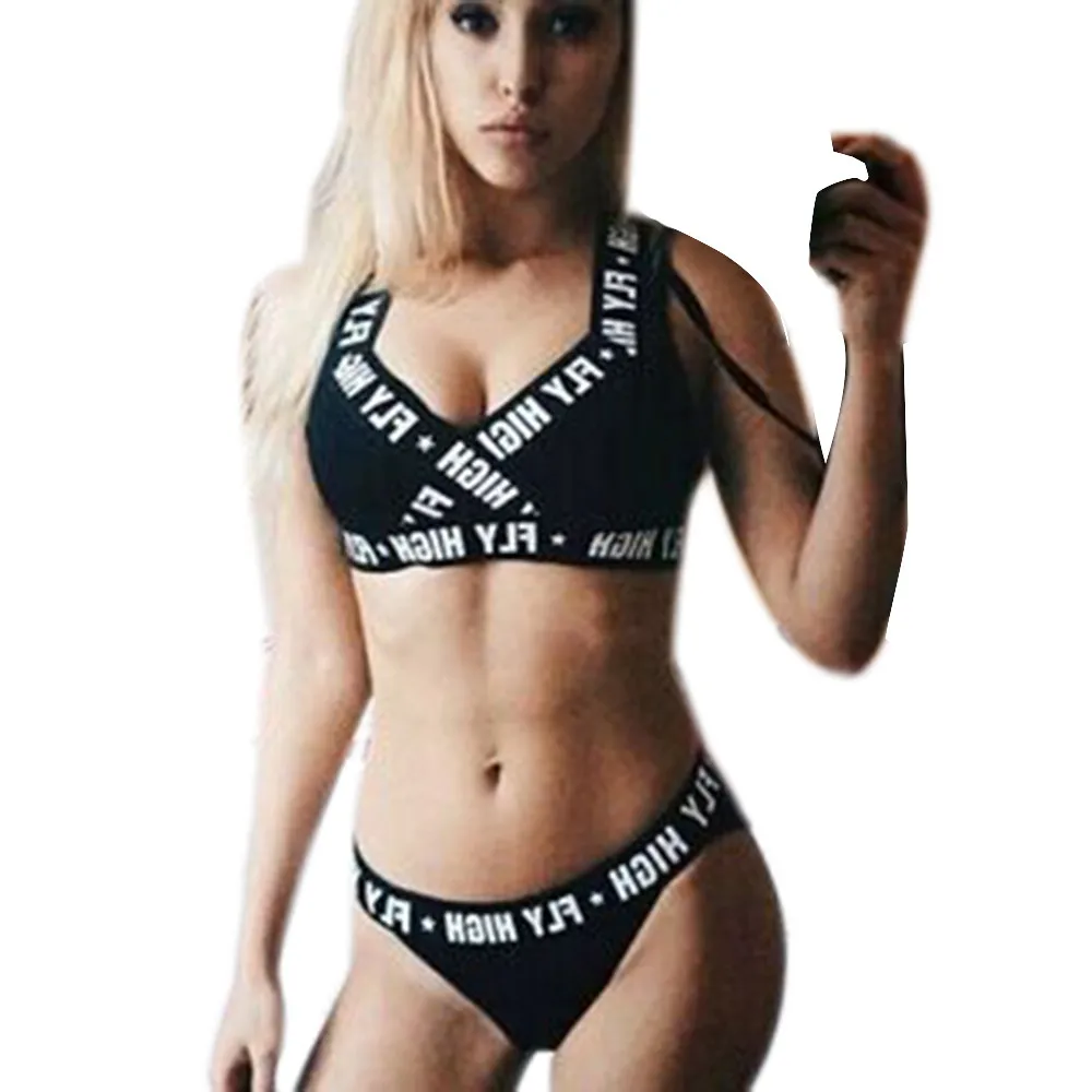 

Harajuku Style Sexy Letter print bandage bikinis Set Summer bikini swimwear padded swimsuit bandage cut halter bathing suit 2019