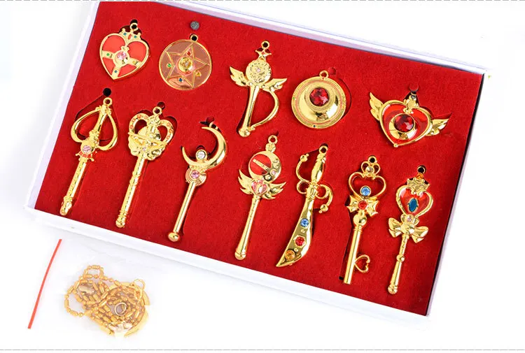 

Anime Sailor Moon Zecter Cosplay wands canes character props Moon Wands weapon Vintage metal necklace set hanging necklace