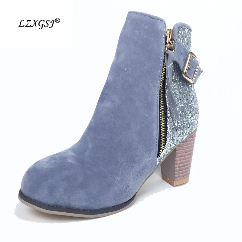 

LZXGSJ 2018 Cool Girl Fashion Zipper Motorcycle Boots Women Bling Sequined Lady Autumn Winter Warm Flock Fleeces Ankle Shoes