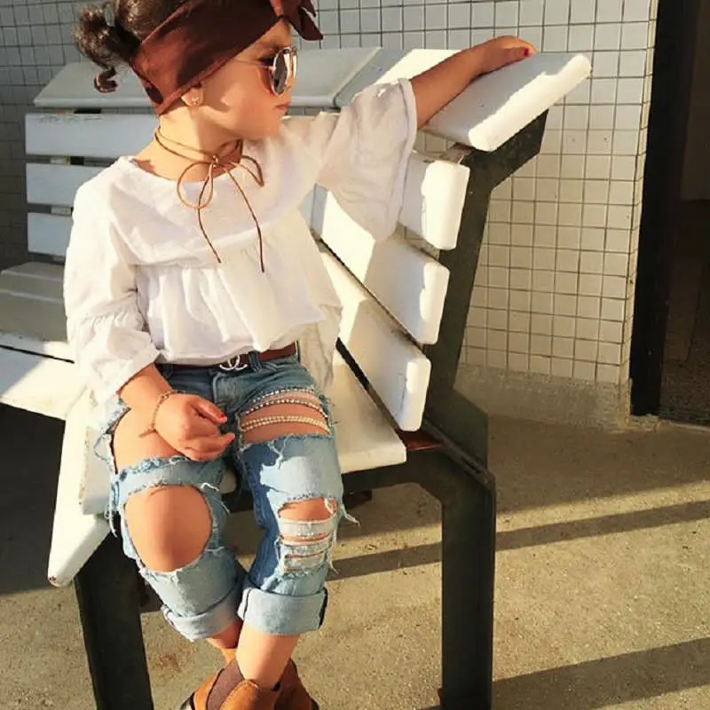 

New Toddler Girls Kids Summer Outfits Tops Dress Ripped Hole Denim Jeans Pop Girl Active Set Clothes 1-6 Years