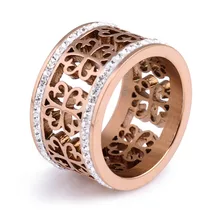 Fashion Trendy Flower Vintage Wedding Rings For Women Classic Design Rose Gold Plated Stainless Steel 2 Row Zircon Crystal Ring