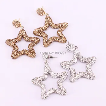 

5Pair New Fashion Jewelry Rhinestone Crystal Pave Hollow Star Dangle Earrings For Women