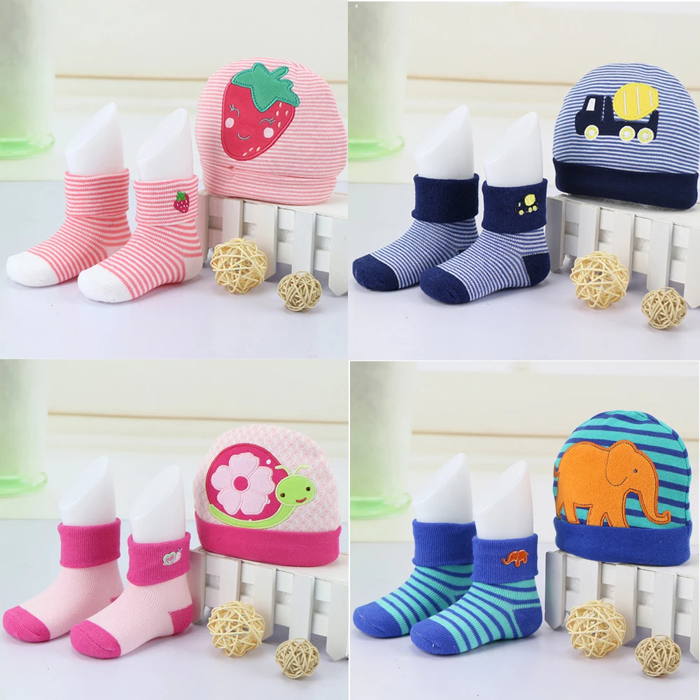 Infant Cotton Knitted Baby Boys Girls Hat Sock Soft Cute Unisex Newborn