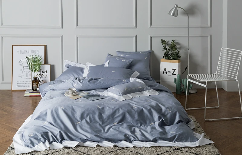 

60S Egyptian cotton luxury embroidery dragonfly duvet cover flat sheet pillowcase/4PCS bedding sets blue bed cover set