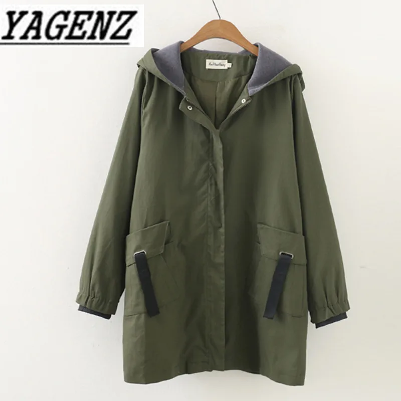 

Female windbreaker 2019 Korea Spring autumn Loose Long-sleeved Lady outerwear coats Casual Large size Hooded Trench Coat XL-4XL