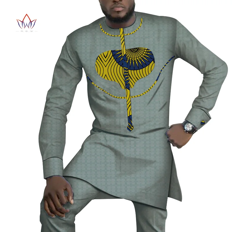 

Bazin Riche Men 2 Pieces Pants Sets African Clothes Casual Men Jacquard Pattern Patchwork Top Shirt and Pants Sets WYN767
