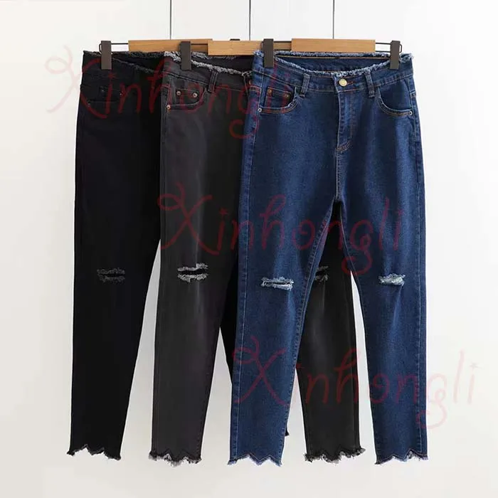 Плюс размеры для женщин брюки-карандаш, джинсы 2019 сезон: весна-лето повседневное дамы рваные джинсы Женские однотонные черные