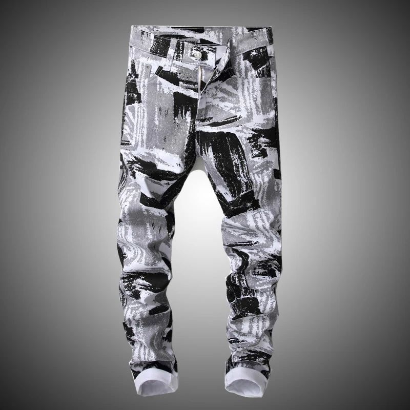 

Casual Printing Denim Pant Men Slim Fit Stretch Pant Personality Print Denim Pants Men Casual Printed Trousers for Male D2805