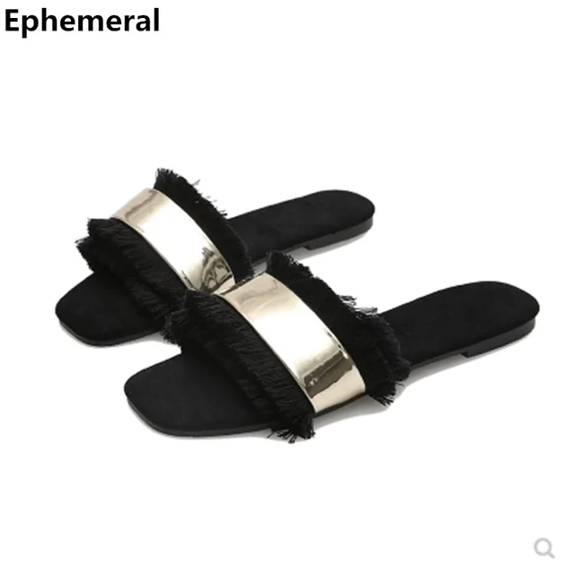 Women Fur Slippers Open Toe Sequined Slides Summer big Size 43 3 Black