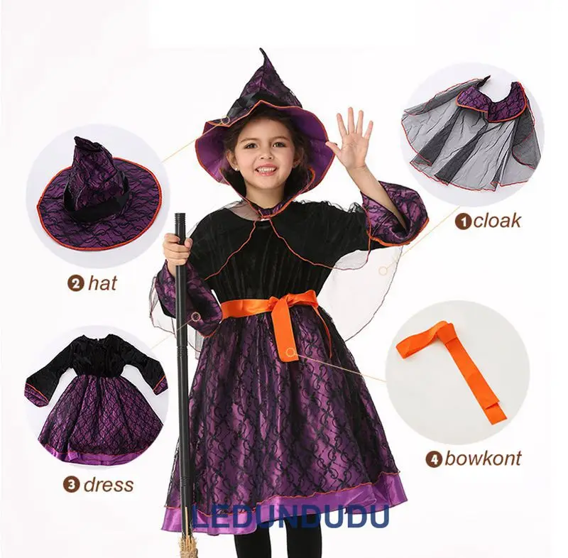 Kids Purple Witch Cosplay Costume with Hat Children Halloween Party Holiday Performance Clothes Girls Black Magic Witch Dress (13)