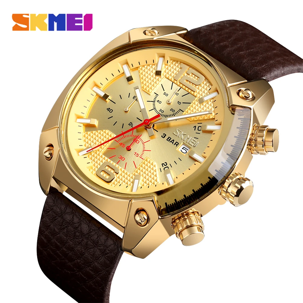 

SKMEI Top Brand Quartz Watches Luxury Men Watch Gold Fashion 3Bar Waterproof Large Dial Luminous Pointer Relogio Masculino 9190