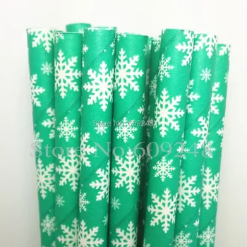 

100pcs Mixed Colors Christmas White Snowflake Print Green Paper Straws Drinking,Cake Pop Sticks VIntage Party Straws