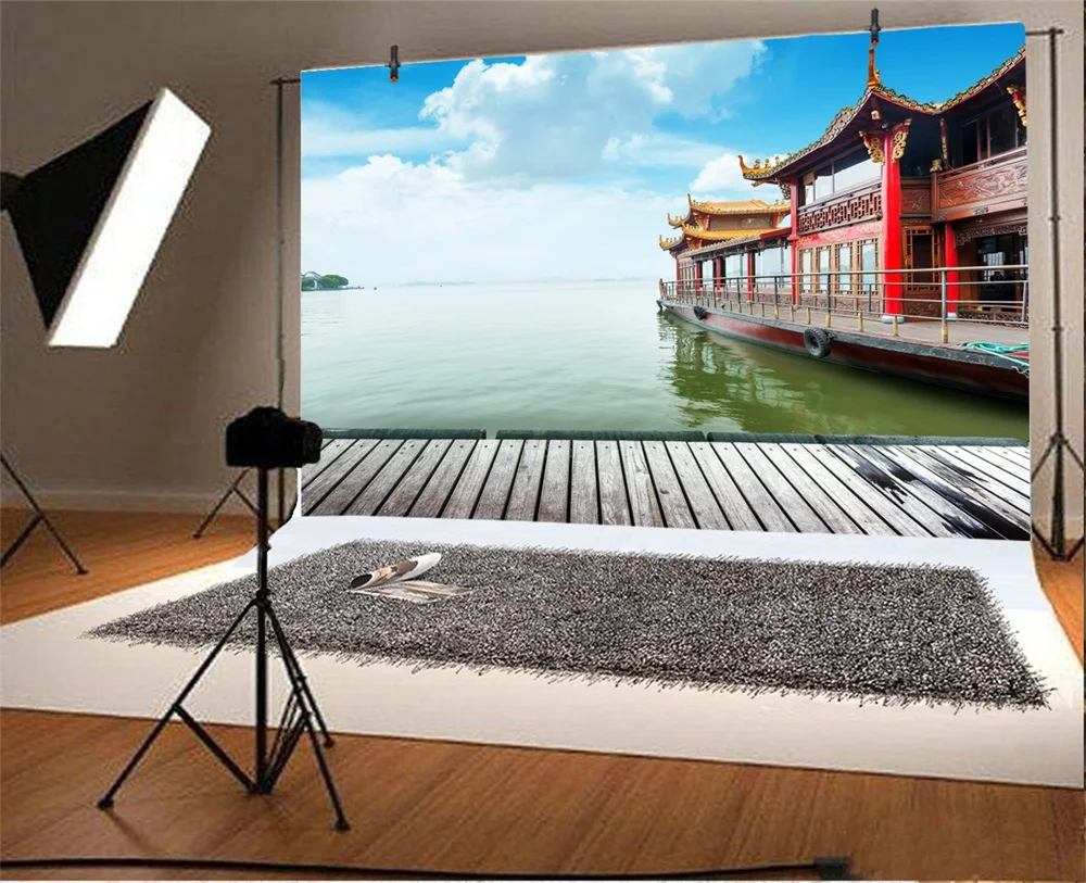 Laeacco Chinese Architecture Boat Wooden Floor Scene Photographic Backgrounds Customized Photography Backdrops For Photo Studio Laeacco Chinese Architecture Boat Wooden Floor Scene Photographic Backgrounds Customized Photography Backdrops For Photo Studio