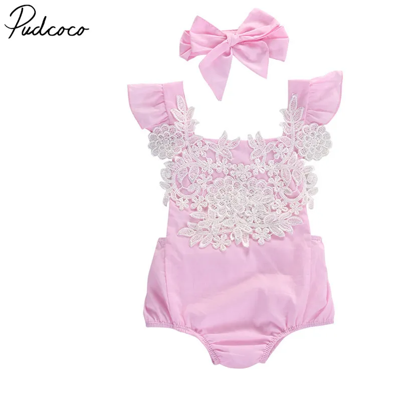 

Pudcoco 2PCS Newborn Baby Girl Lace Fly Sleeve Bodysuit Floral Headband Outfits Set 0-18 Months Helen115