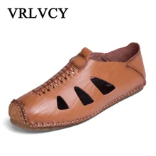 Дышащая Летняя мужская обувь с вырезами мужские сандалии из натуральной кожи пляжная обувь мужские сандалии на плоской подошве