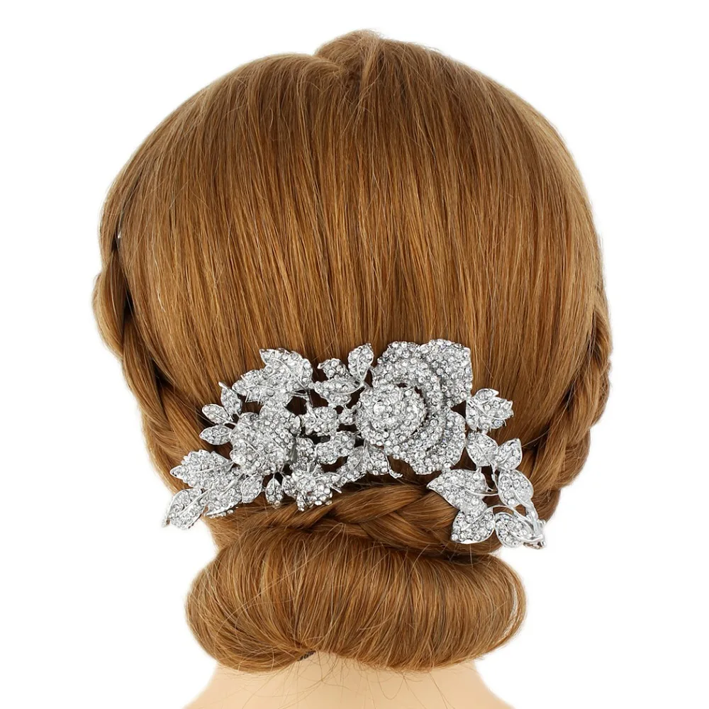 Bella Fashion Rose Flower Leaf Bridal Hair Comb Austrian Crystal 