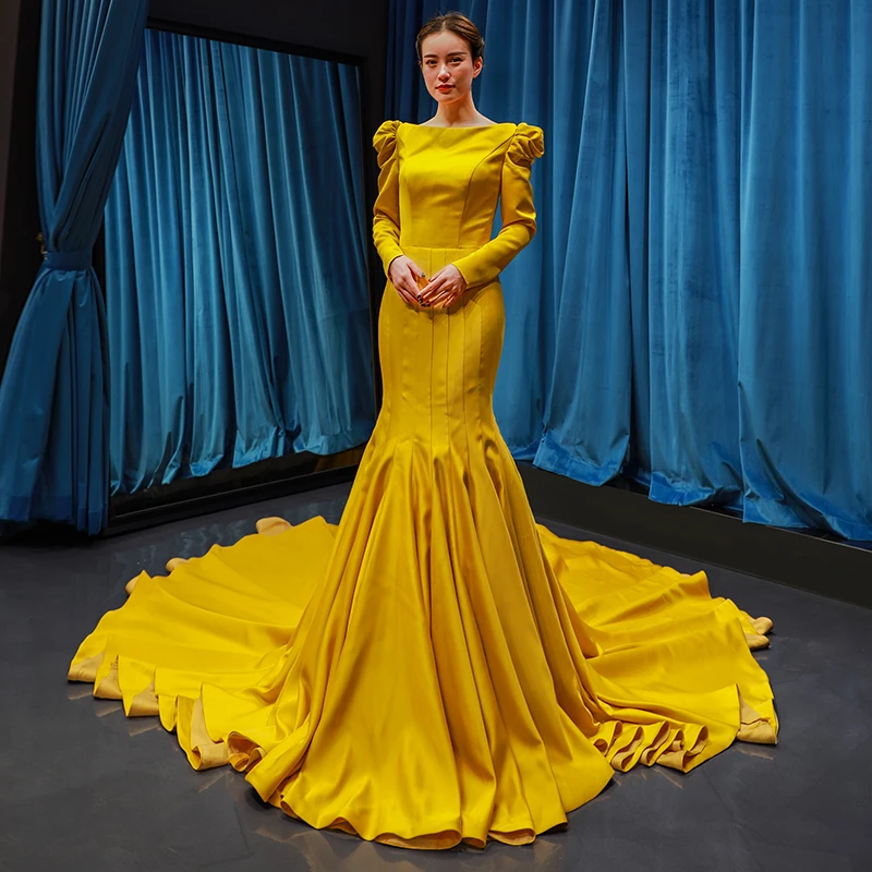 Новинка, желтые Сатиновые мусульманские Вечерние платья, Сексуальные Модные Простые Вечерние платья с русалочкой, вечерние платья на выпускной, Robe De Soiree Abendkleider