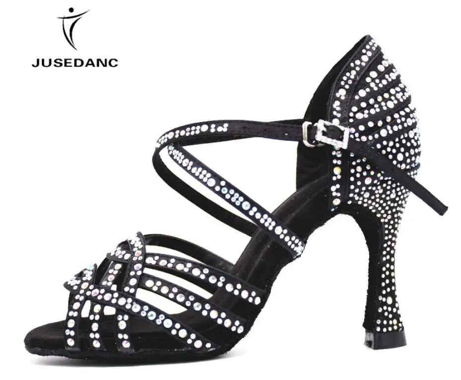 Обувь для латинских танцев; Обувь для бальных танцев; обувь для латинских танцев; женская обувь для танго; черные туфли для высоких танцев; полностью стразы; JuseDanc - Цвет: black  heel 8.5cm