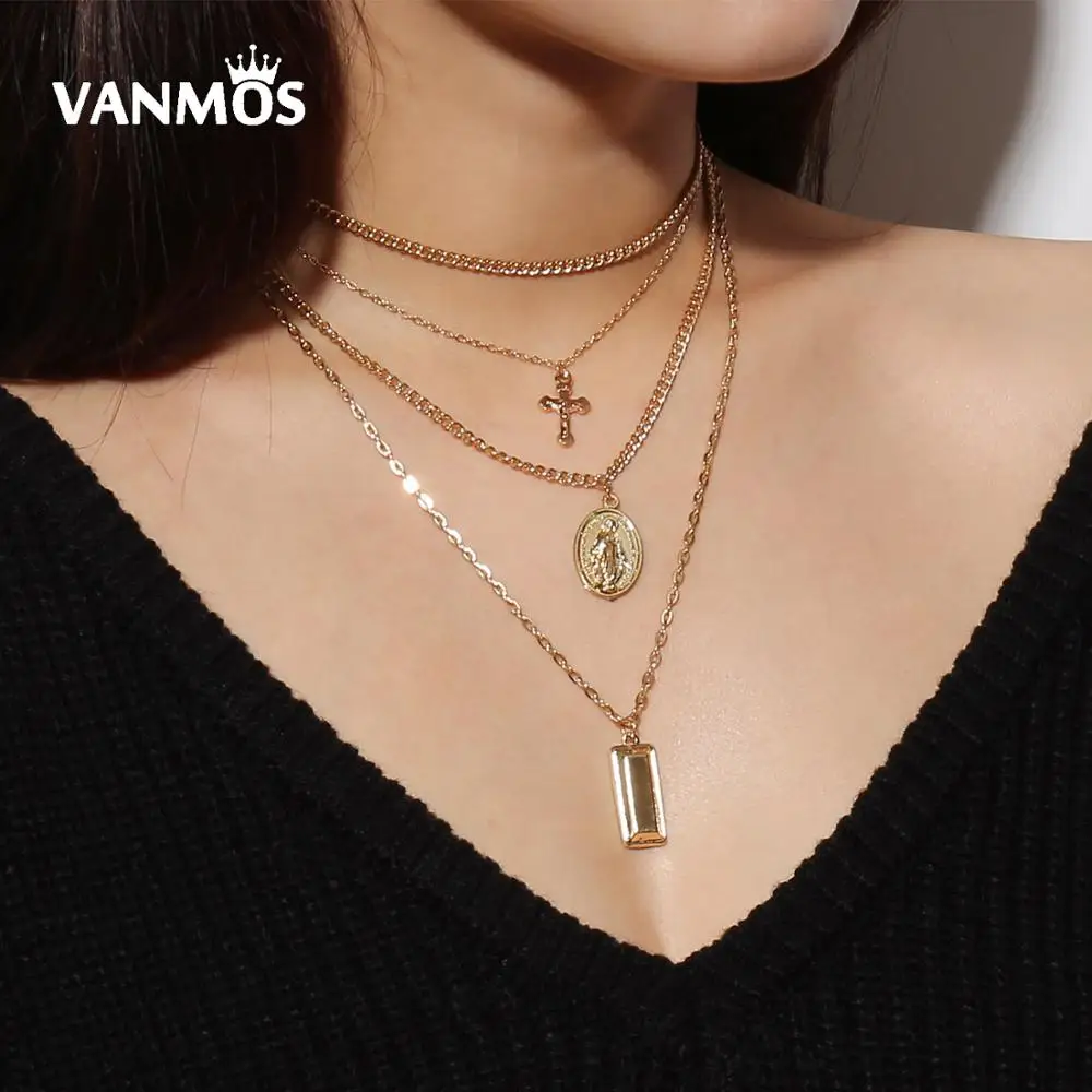 

Vanmos Multi Layer Crucifix Cross Virgin Mary Pendant Choker Necklace Christian Women Necklace Charm Gold Color Collars Jewelry