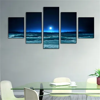 

NO FRAME Art Dark Blue Ocean White Sun Modern 5 Panels Giclee Canvas Prints Seascape Artwork Pictures Paintings on Canvas Wall A