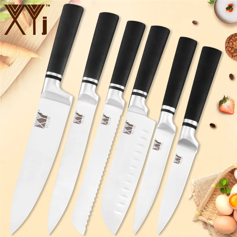 A.6pcs set XYj 6 шт. набор кухонных ножей из нержавеющей стали, черные Нескользящие ручки, ножи шеф-повара, острое лезвие, для хлеба, мяса, для приготовления пищи, бытовые инструменты - Цвет: A.6pcs set