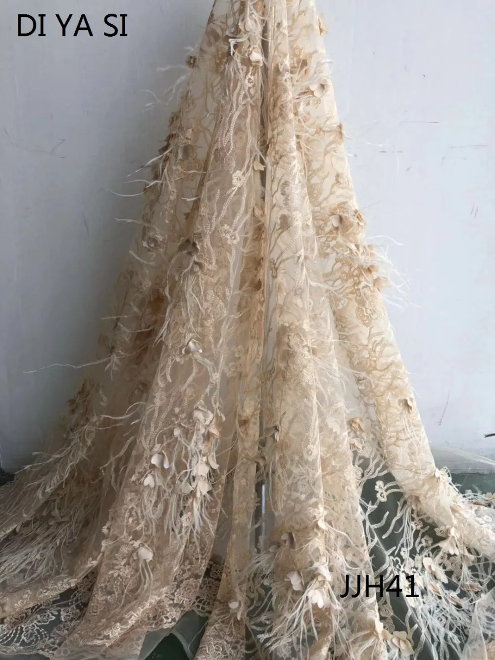 Французский шнурок ткани перо Кружева 3D цветы puntilla elastica off white бежевый Африки