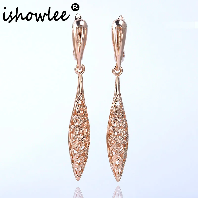 

ISHOWLEE New Arrival Rose Gold 585 Hollow Carved Long Earrings for Women 2019 Fashion Wedding Vintage Earrings Jewellery esp63