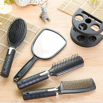 

New 5pcs/set Black Hair Brush Massage Women Ladies Comb Mirror Set With Holder Set High Quality
