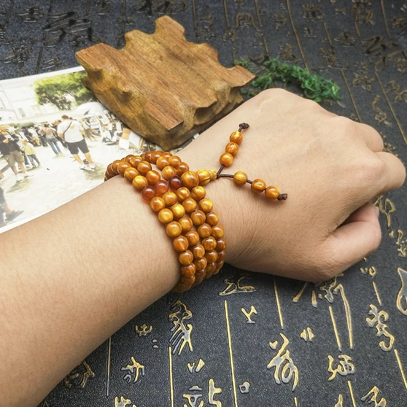 

LUCKYAROMA 2019 Buddhist New Men 8mm 6mm 108 Pcs Yellow Color Wood Beads Lace Up Strand Bracelet Malas Wooden Beaded Necklace