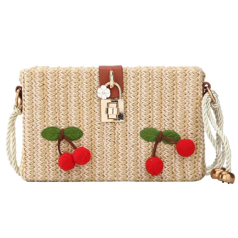 

Summer Straw Beach Messenger Bag New Girls Chain Shoulder Cherry Handbags Bag Lock Fashion Ladies Messenger Bag