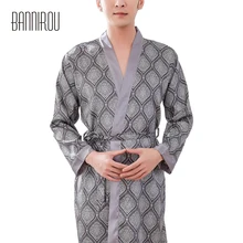 Мужские халаты, полностью тонкие, из искусственного шелка, серые, в клетку, простые, высокое качество, Мужская домашняя одежда, одежда для сна, весна-осень, BANNIROU