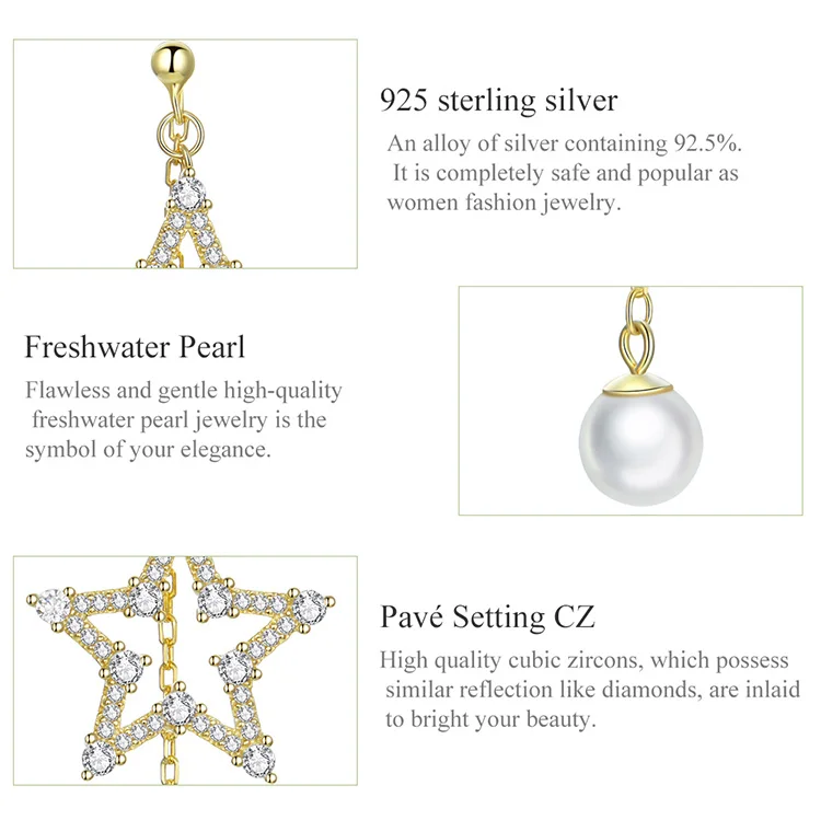 Bamoer звезда жемчуг длинные висячие серьги для женщин Стерлинговое Серебро 925 серьги в форме капли золотого цвета корейская мода ювелирные изделия BSE196