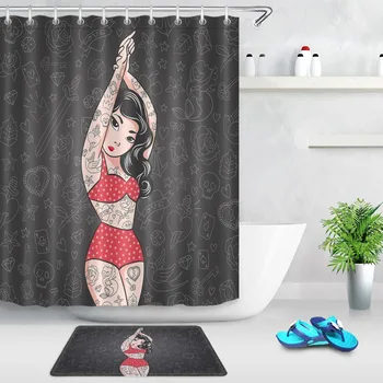 

Funny Cute Red Polka dots Bikini girl Skull Printing Shower Curtain and 12 Hooks Sets Bathroom mat Waterproof Polyester Fabric