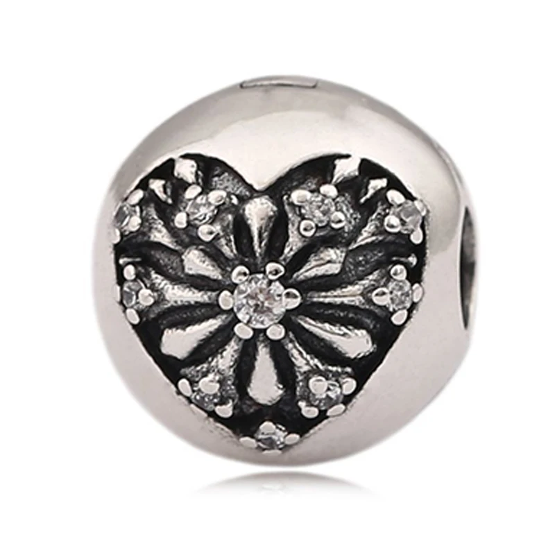 

Fits Bracelet Charm Jewelry with Women's Party Gifts Zircon Snowflake Heart Shaped Buckle 925 Sterling Silver Beads