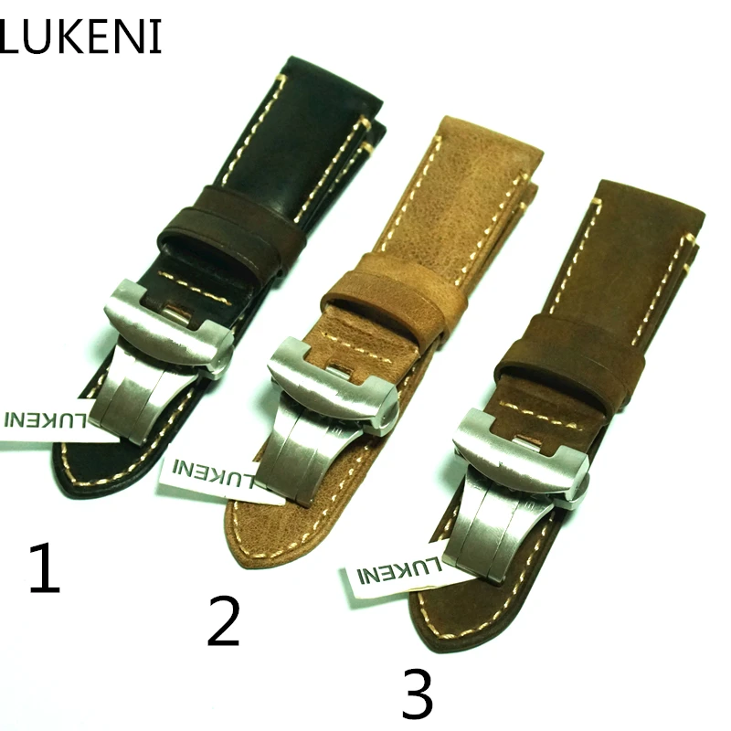 

LUKENI New PAM 24mm Vintage Khaki Brown Italy Calf Leather Watchband Strap With Butterfly Buckle For Panerai PAM With LOGO