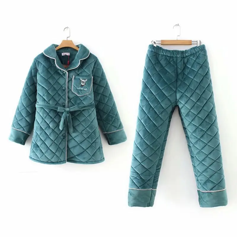 Winter quilted pajamas set women long sleeve thick quilted jacket